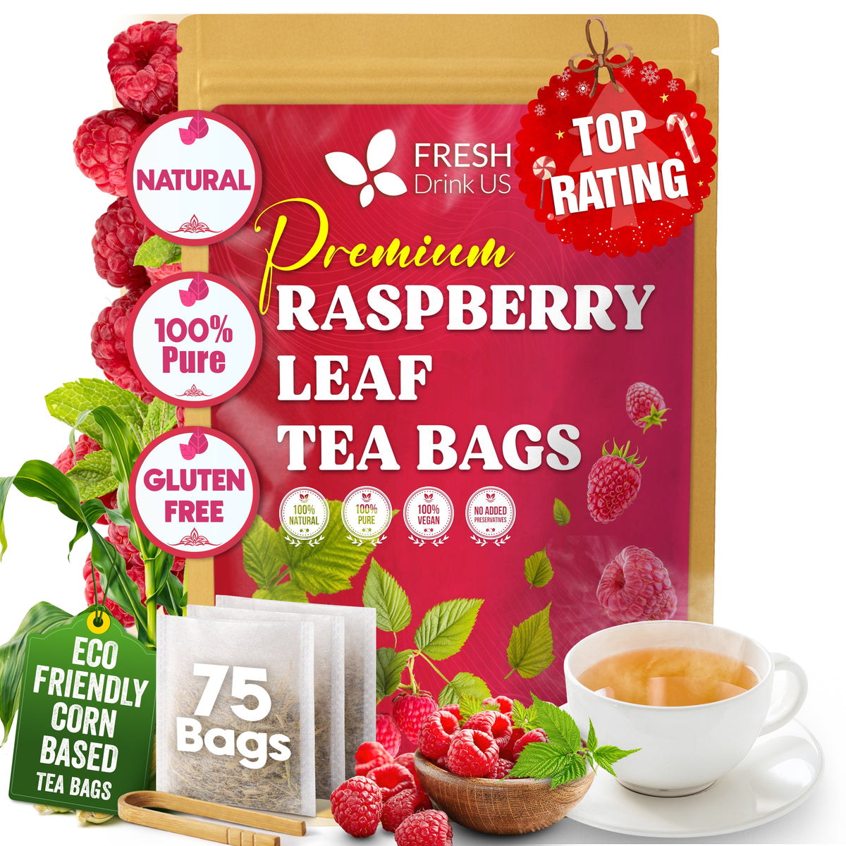 Raspberry Leaf Tea Bags, 100% Natural & Pure from Raspberry Leaves. Loose Leaf Raspberry Herbal Tea, Made with Natural Material Tea Bags, Raspberry Leaf Tea. No Sugar, No Caffeine, No Gluten, Vegan.