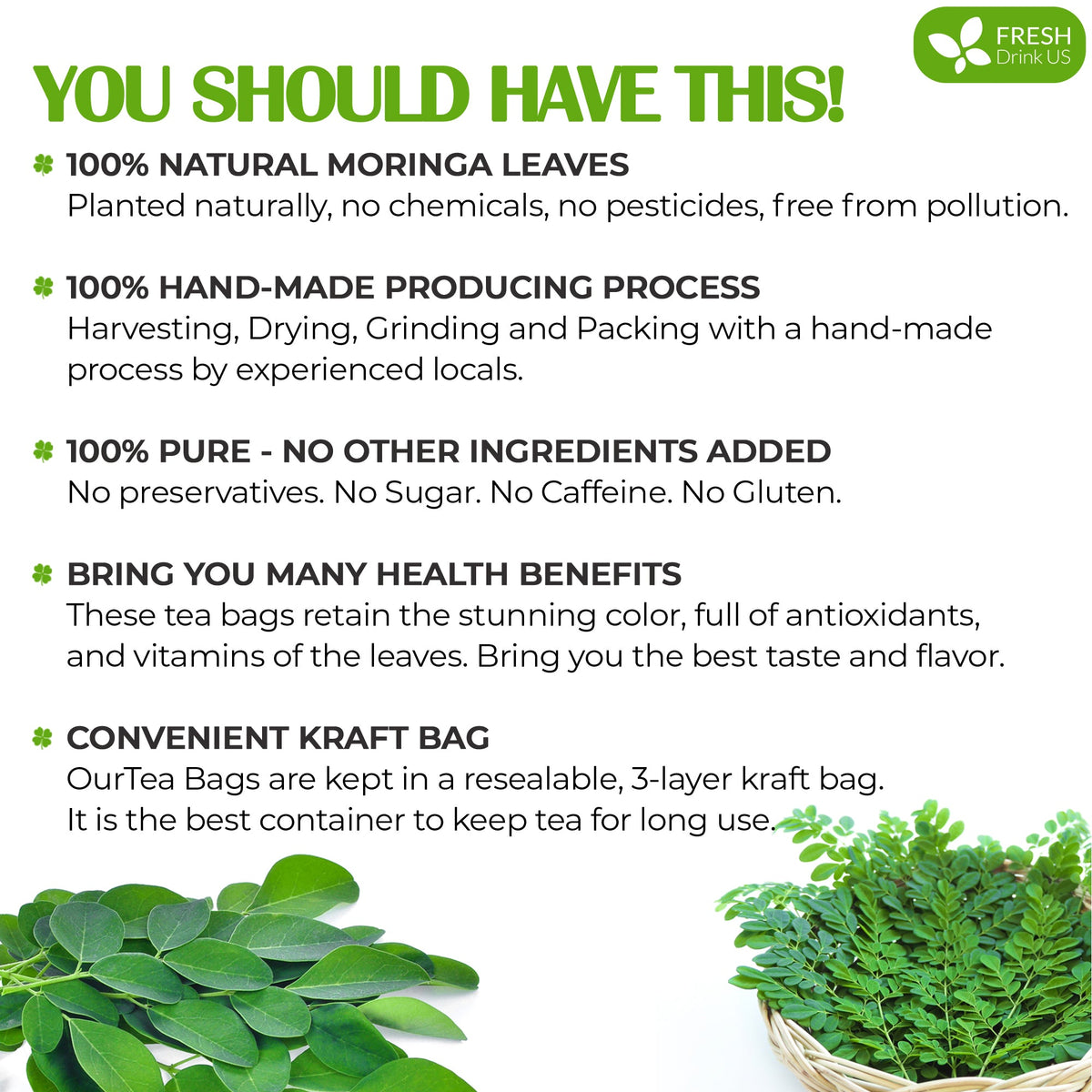 Moringa Leaf Tea Bags, 100% Natural & Pure from Moringa Leaves. Loose Leaf Moringa Herbal Tea. Moringa Leaf Tea. No Sugar, No Caffeine, No Gluten, Vegan