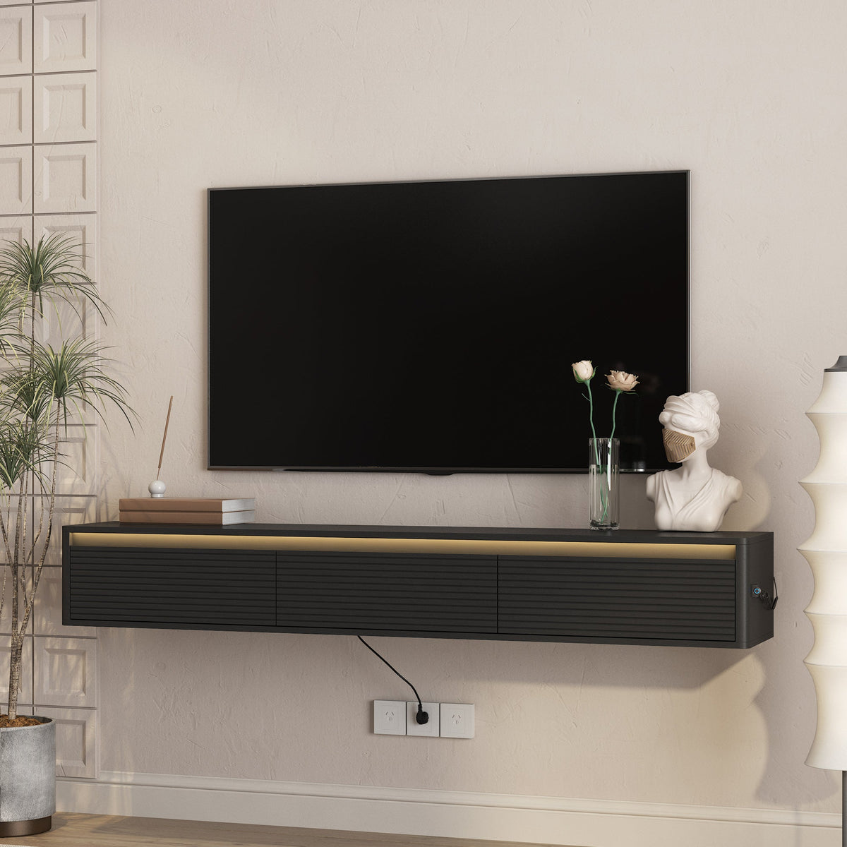 Floating TV Stand with LED Lights & Power Outlet