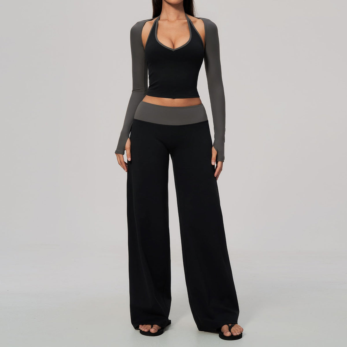 High-Waisted Tummy-Control Long-Sleeve Blouse Yoga Three-Piece Set