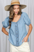 Puff Short Sleeve Ruffle Details Chambray Top