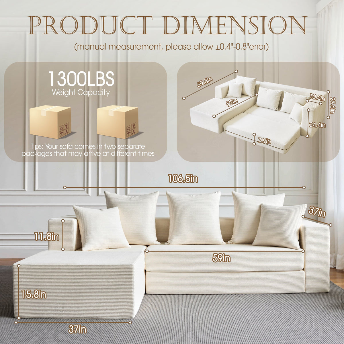 106.5" Convertible L-Shaped Sectional Sofa Bed