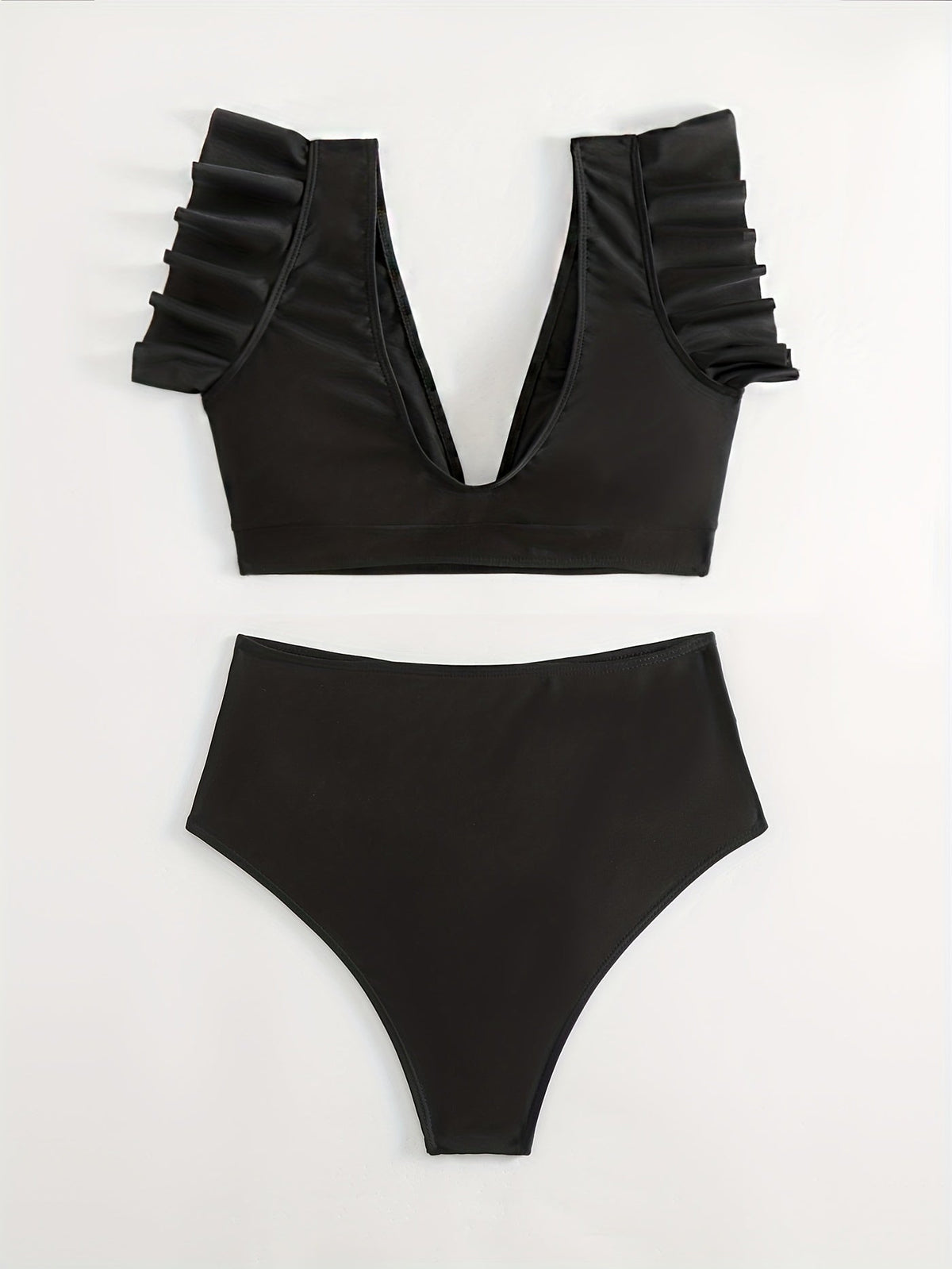 Bikini Black Solid Color Ruffle V Neck 2 Piece Swimsuit for Women – High Waisted Flattering Bikini Set with Lettuce Trim Bottoms – Sleek Stretchy Fabric Swimwear for Beach Days Poolside Style and Summer Vacation Looks