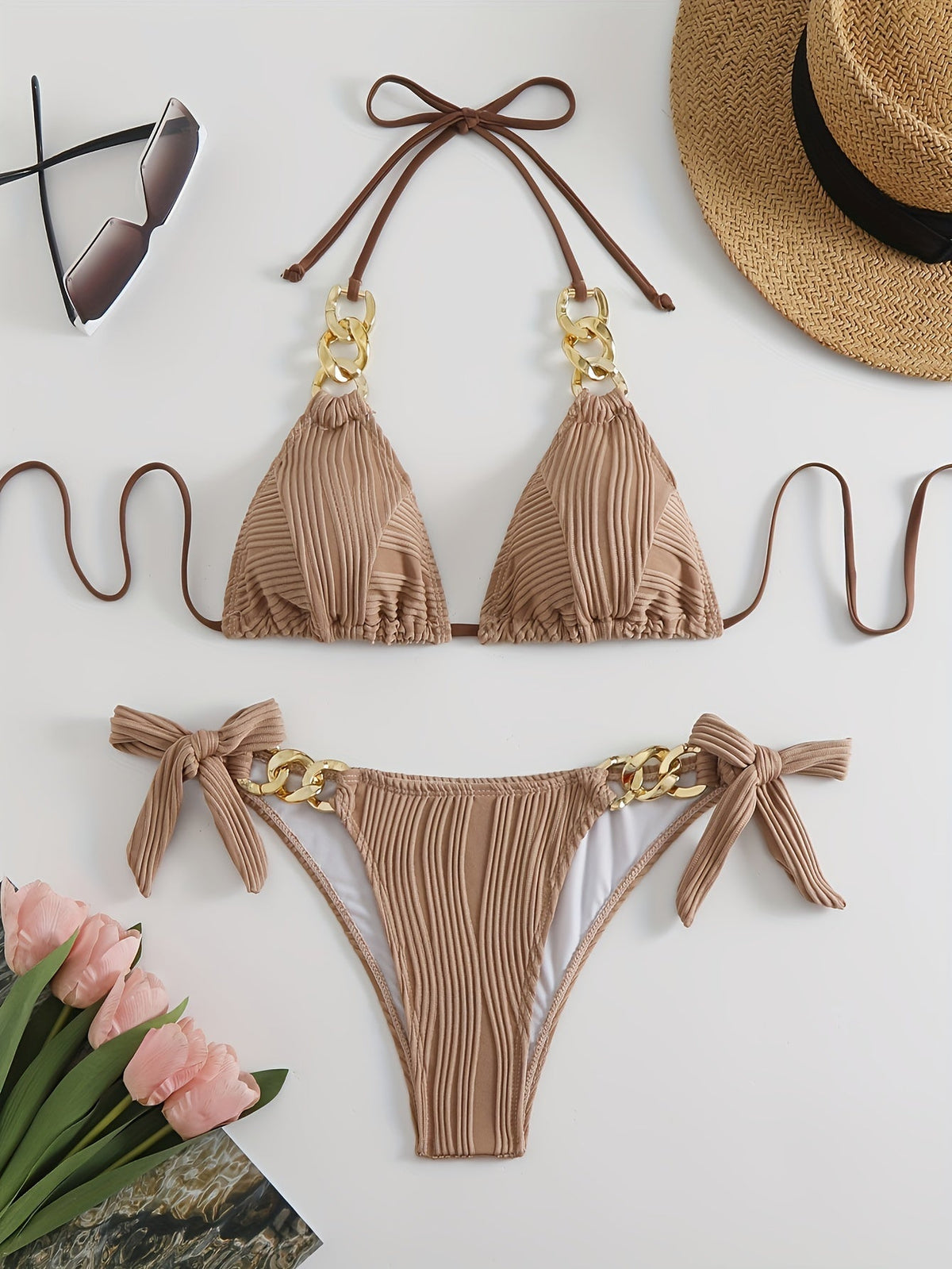 Bikini Ruched Texture Golden Chain 2 Piece Triangle Swimsuit for Women – Striped Halter Bikini Set with Bow Tie Side and Elegant Ring Link Detail – Stretchy Beachwear for Pool Bathing and Summer Vacations