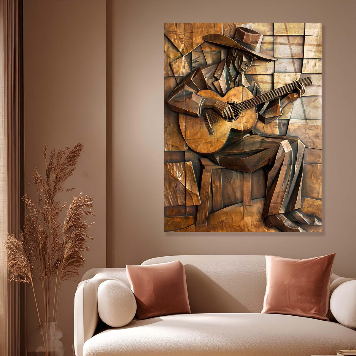 Cubist Guitarist Tempered Glass Wall Art | Modern Rustic Decor