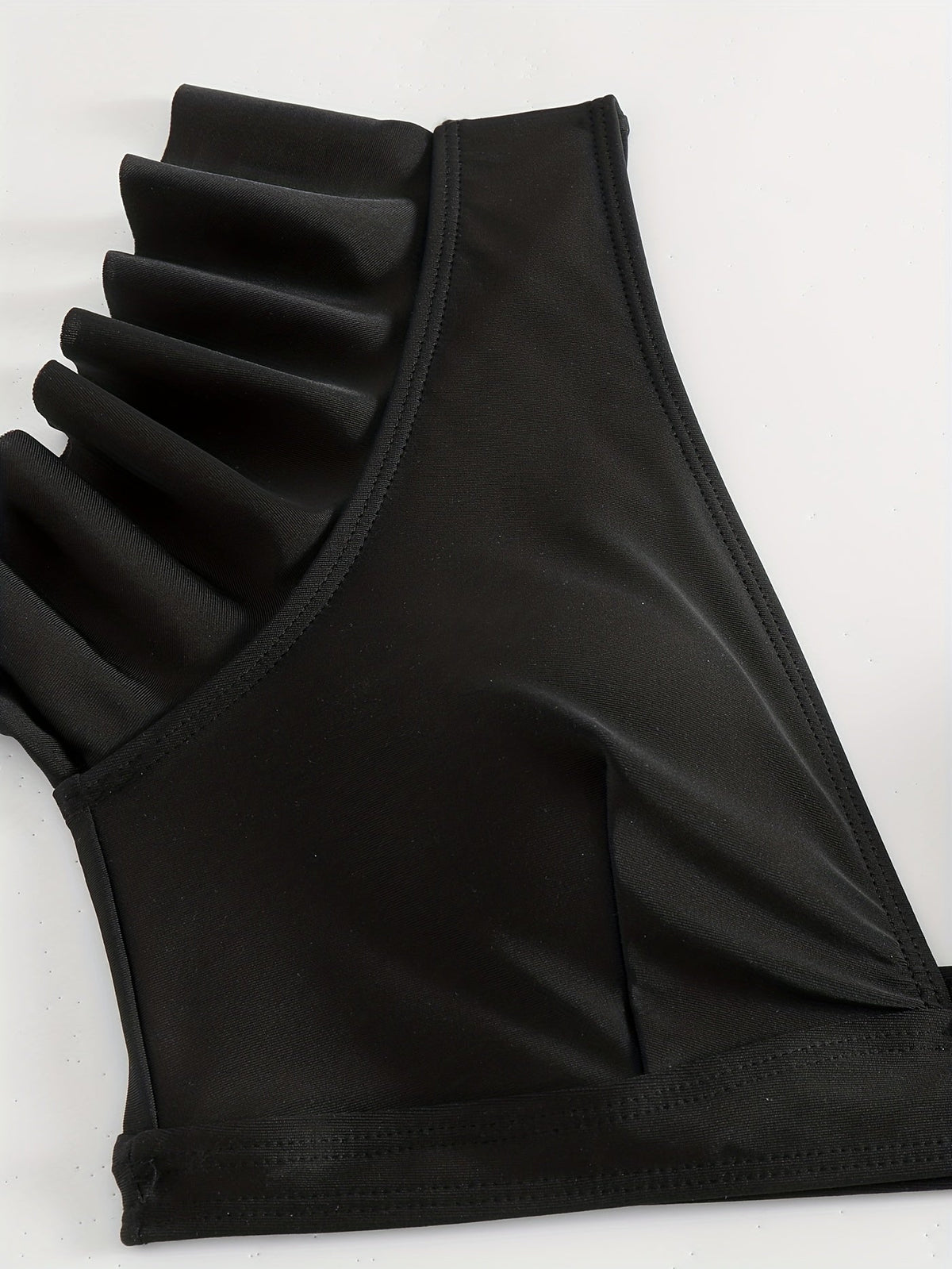 Bikini Black Solid Color Ruffle V Neck 2 Piece Swimsuit for Women – High Waisted Flattering Bikini Set with Lettuce Trim Bottoms – Sleek Stretchy Fabric Swimwear for Beach Days Poolside Style and Summer Vacation Looks