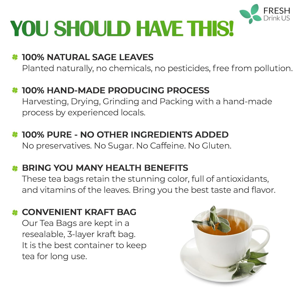 Sage Leaf Tea Bags, 100% Natural & Pure from Sage Leaves. Loose Leaf Sage Herbal Tea. Sage Leaf Tea. Made with Natural Material Tea Bags. No Sugar, No Caffeine, No Gluten, Vegan.