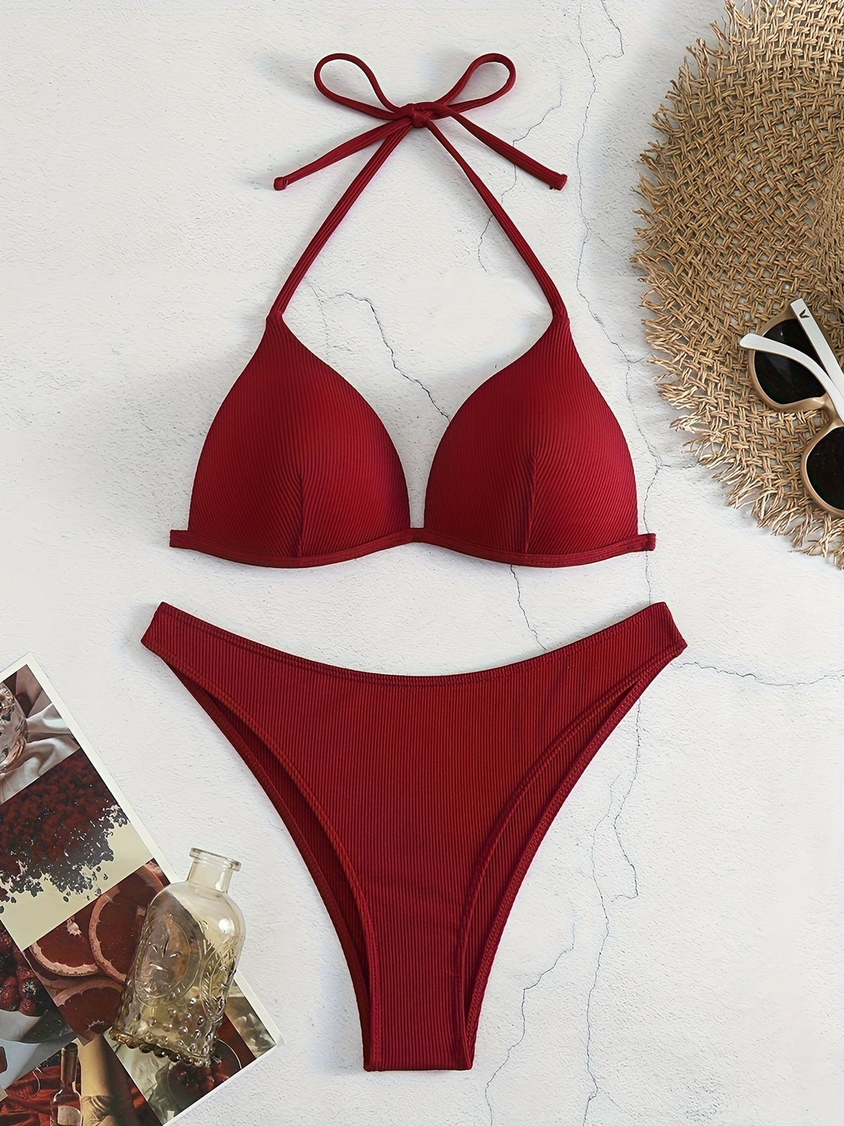 Bikini Rib Knit Solid Color Triangle 2 Piece Swimsuit for Women – Adjustable Tie Back Halter Bikini Set with Spaghetti Straps – High Stretch Polyester Swimwear for Summer Beachwear Poolside Relaxation and Tropical Vacation
