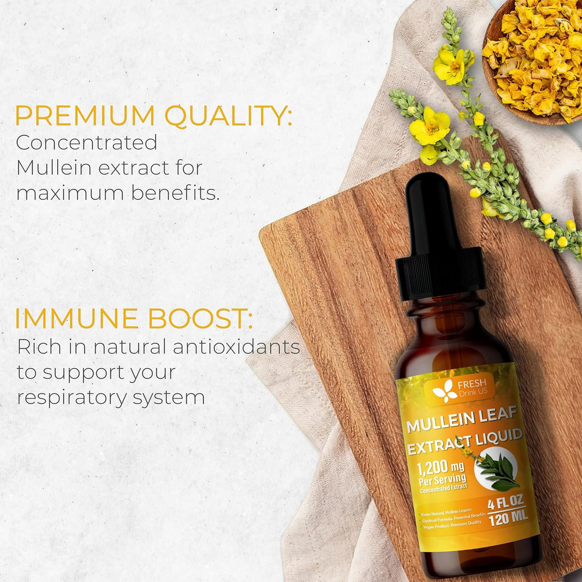 Mullein Drops for Lungs Cleanse Support, Mullein Extract Liquid – 100% from Natural Mullein Leaves, Non-GMO, Gluten-Free