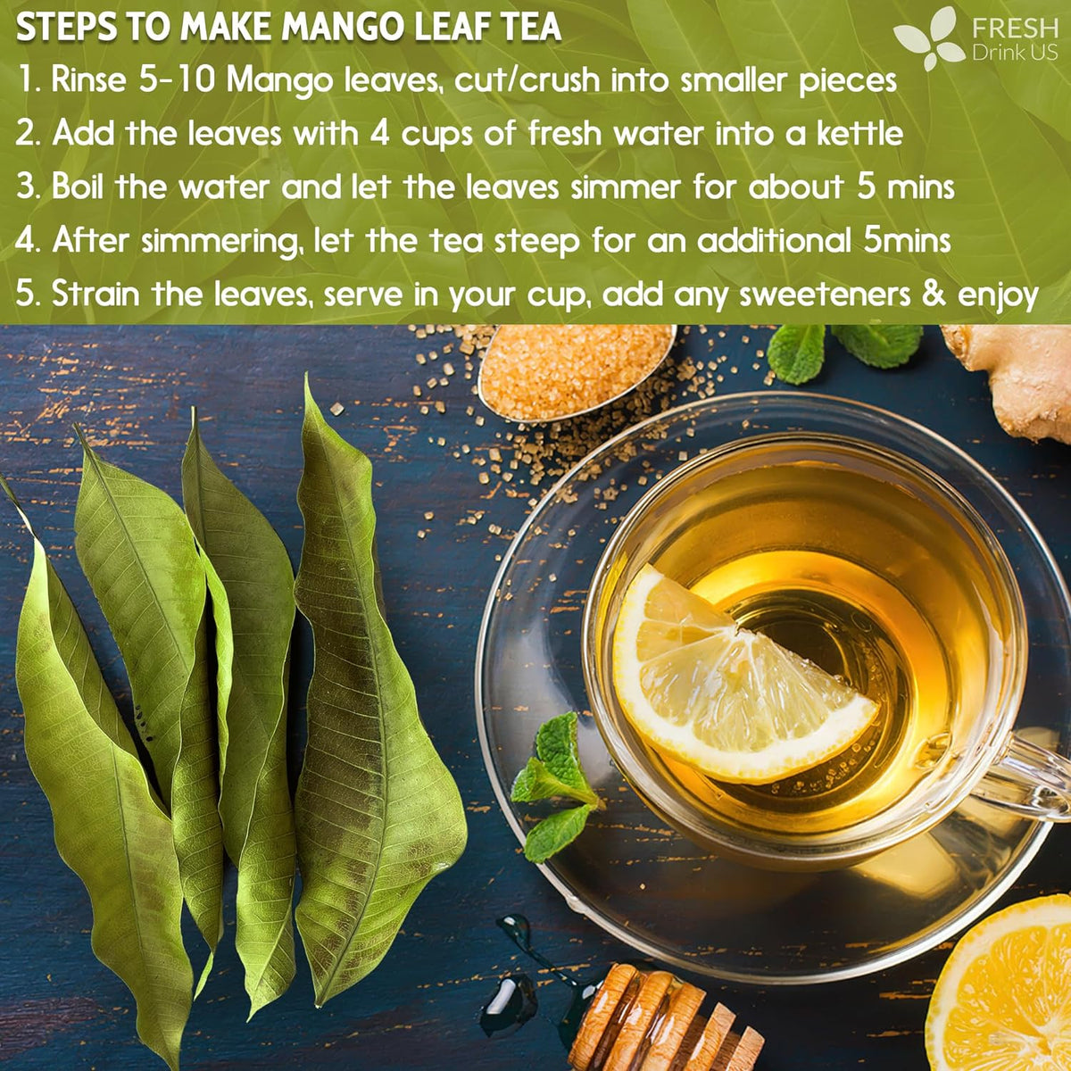 Mango Leaf, Whole Dried Leaves, Tea Bags, Powder, 100% Natural & Pure from Mango Leaves. Mango Dried Leaves. Loose Leaf Mango Herbal Tea. Mango Leaf Tea. No Sugar, No Caffeine, No Gluten, Vegan.