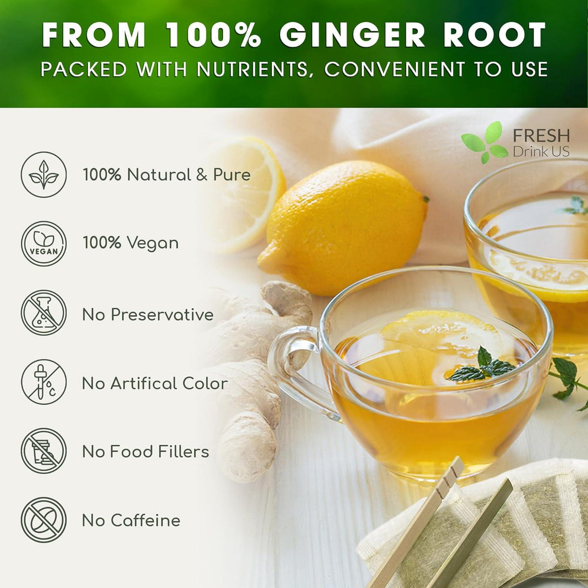 Premium Ginger Tea Bags, 100% Natural & Pure from Ginger Roots, Ginger Tea, Ginger Herbal Tea. Ginger Tea. No Sugar, No Caffeine, No Gluten, Vegan.