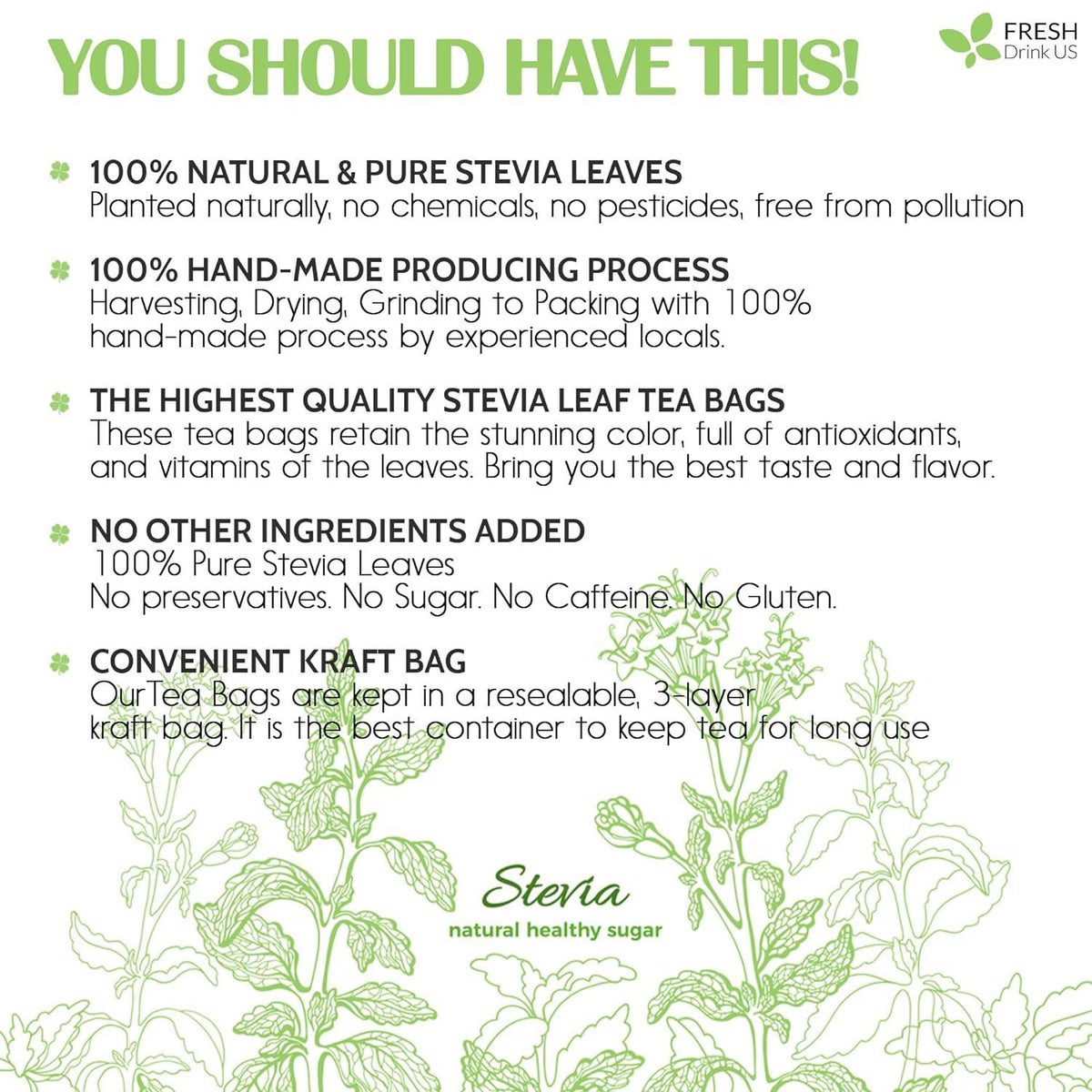 Stevia Leaf, Whole Dried Leaves, Tea Bags, Powder, 100% Natural and Pure from Stevia Leaves. Sugar Substitute for Tea, Coffee. Loose Leaf Stevia Herbal Tea. Zero Calorie Sweetener. No Sugar, No Caffeine, No Gluten, Vegan.
