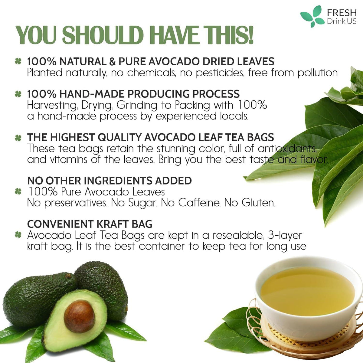 Natural Avocado Whole Leaves Dried, Tea Bags, 100% Pure from Avocado Leaves, Avocado Leaf Tea, Hojas de Aguacate Seca, No Additives, No Caffeine, Vegan