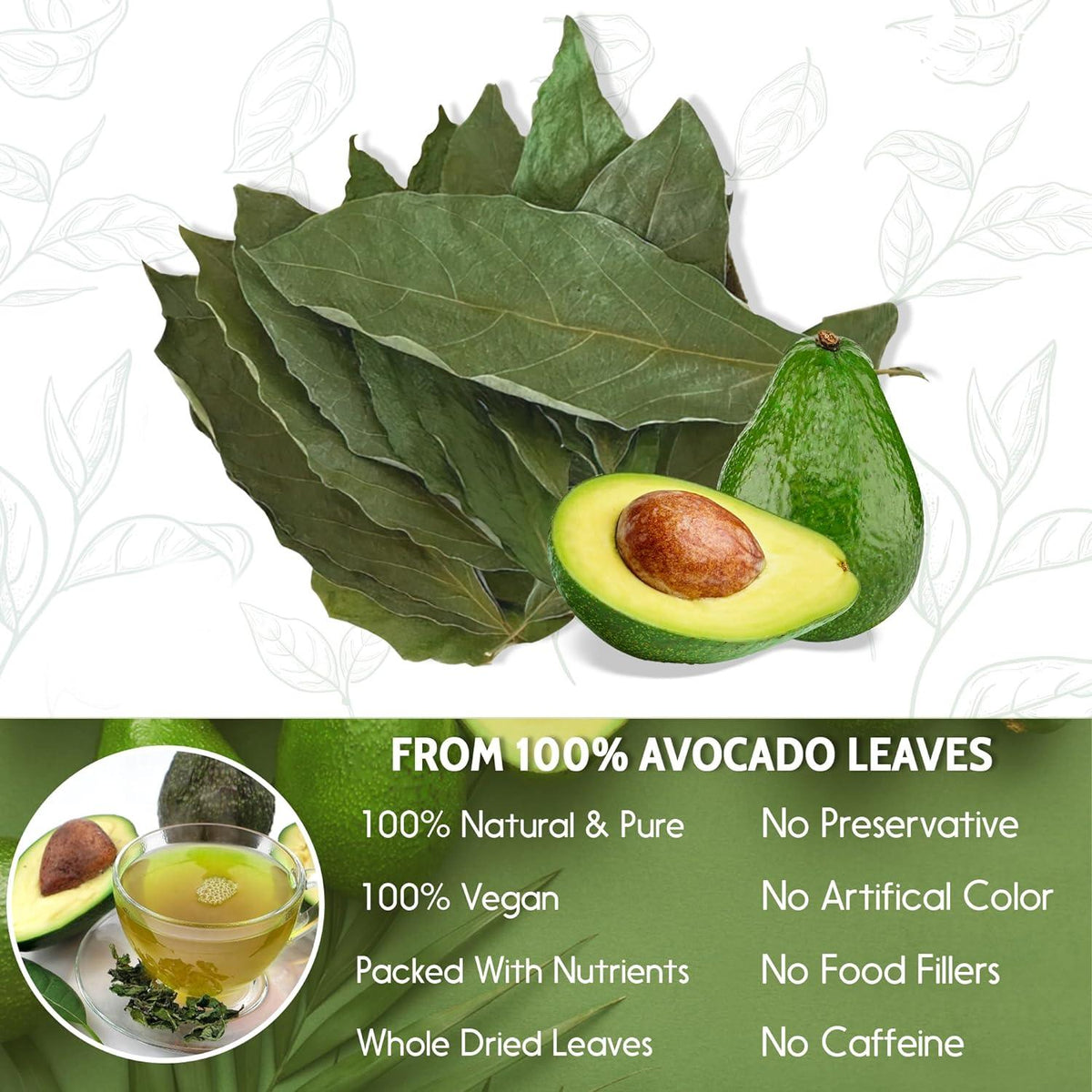 Natural Avocado Whole Leaves Dried, Tea Bags, 100% Pure from Avocado Leaves, Avocado Leaf Tea, Hojas de Aguacate Seca, No Additives, No Caffeine, Vegan