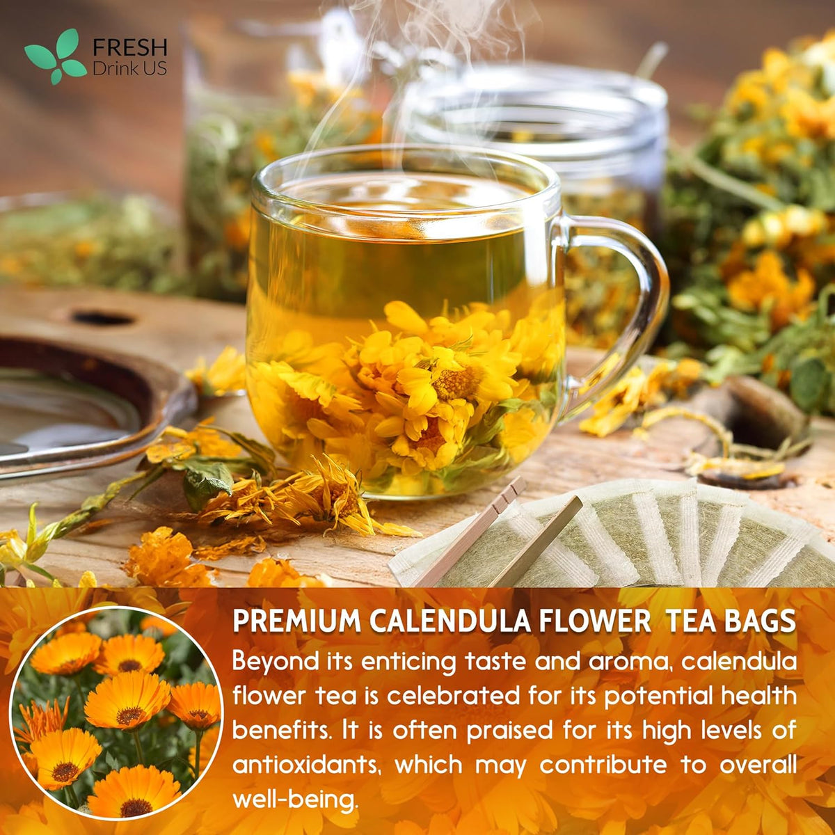 Calendula Tea Bags, 100% Natural and Pure Calendula Flowers, Eco-conscious Tea Bags. Calendula Flower Herbal Tea. No Sugar, No Caffeine, No Gluten, Vegan.
