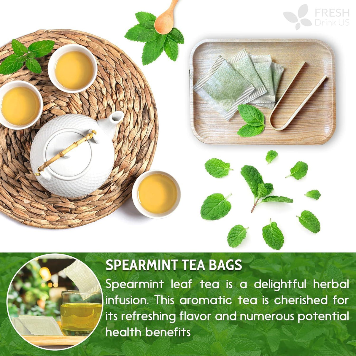 Spearmint Tea Bags, 100% Natural & Pure Spearmint Leaves. Loose Leaf Spearmint Herbal Tea. Spearmint Leaf Tea. No Sugar, No Caffeine, No Gluten, Vegan.