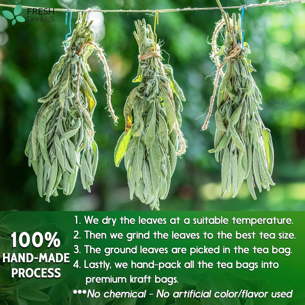 Sage Leaf Tea Bags, 100% Natural & Pure from Sage Leaves. Loose Leaf Sage Herbal Tea. Sage Leaf Tea. Made with Natural Material Tea Bags. No Sugar, No Caffeine, No Gluten, Vegan.