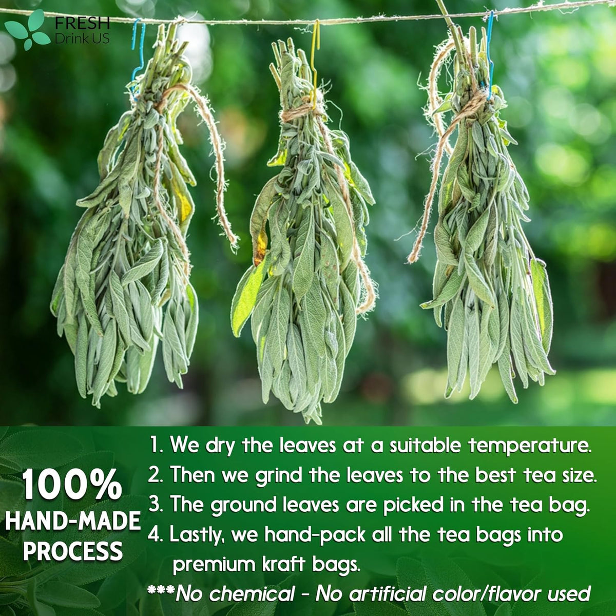 Sage Leaf Tea Bags, 100% Natural & Pure from Sage Leaves. Loose Leaf Sage Herbal Tea. Sage Leaf Tea. Made with Natural Material Tea Bags. No Sugar, No Caffeine, No Gluten, Vegan.