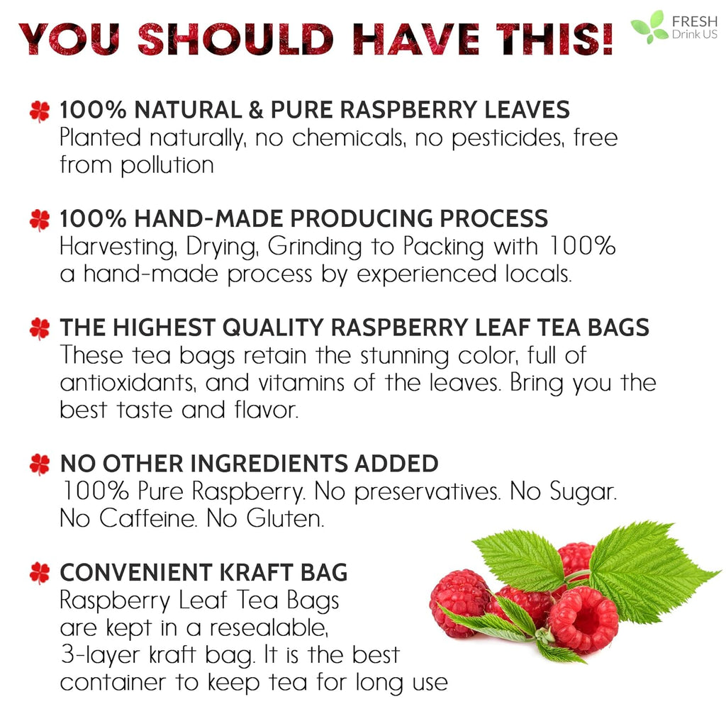 Raspberry Leaf Tea Bags, 100% Natural & Pure from Raspberry Leaves. Loose Leaf Raspberry Herbal Tea, Made with Natural Material Tea Bags, Raspberry Leaf Tea. No Sugar, No Caffeine, No Gluten, Vegan.