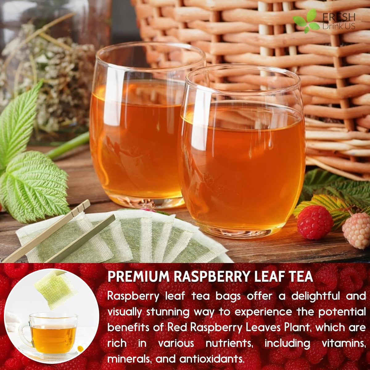 Raspberry Leaf Tea Bags, 100% Natural & Pure from Raspberry Leaves. Loose Leaf Raspberry Herbal Tea, Made with Natural Material Tea Bags, Raspberry Leaf Tea. No Sugar, No Caffeine, No Gluten, Vegan.