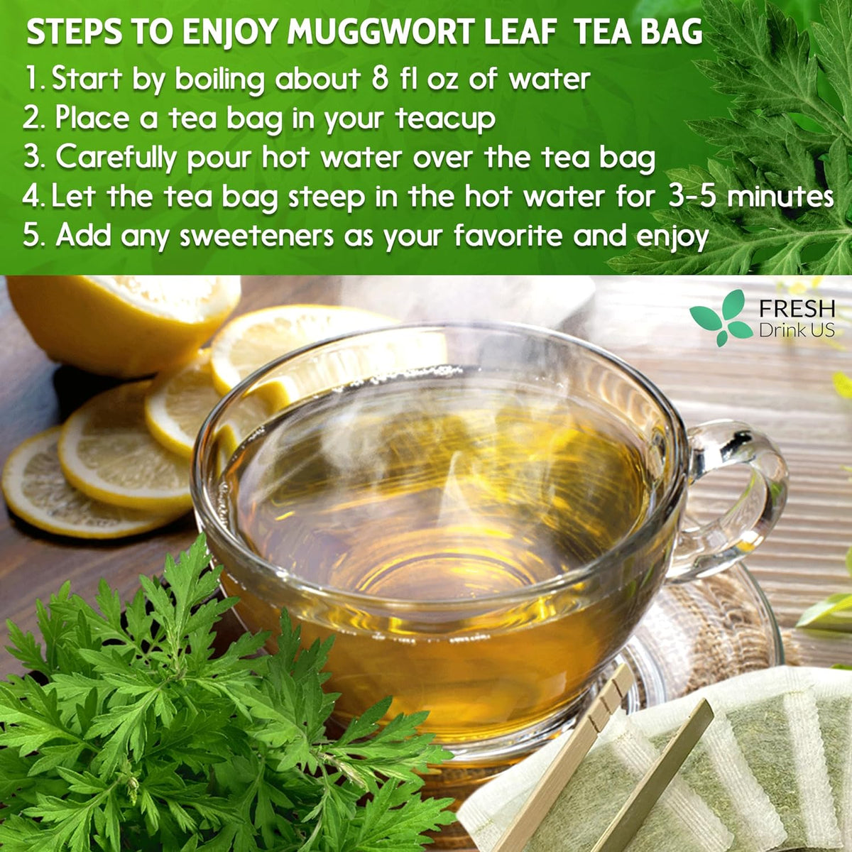 Mugwort Leaf Tea Bags, 100% Natural and Pure Mugwort Leaves, Loose Leaf Mugwort Herbal Tea, Mugwort Leaf Tea, No Sugar, No Caffeine, No Gluten, Vegan.