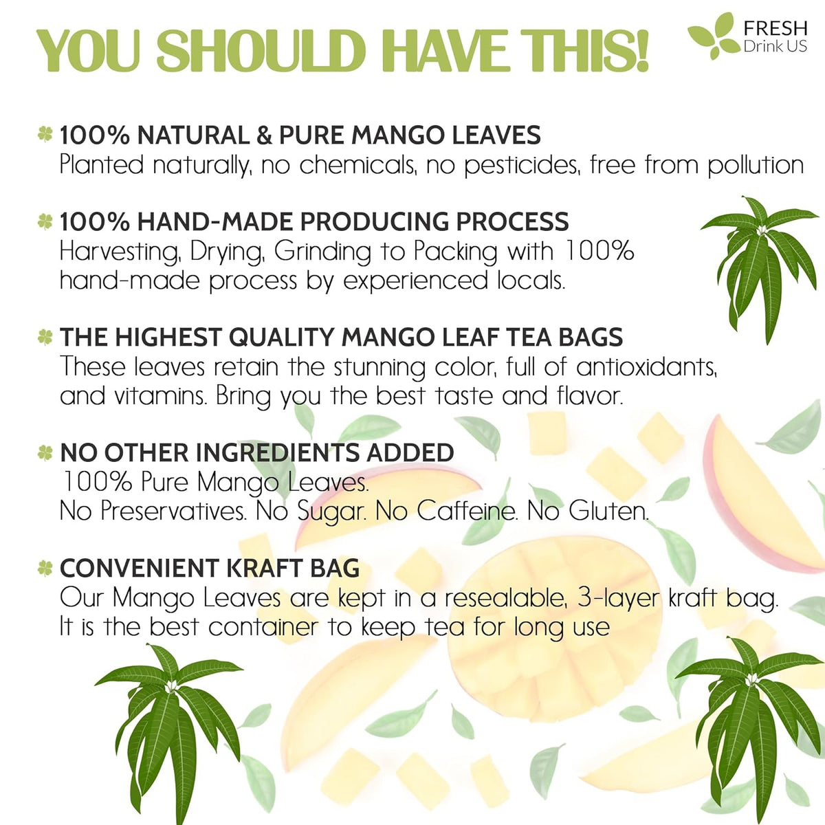 Mango Leaf, Whole Dried Leaves, Tea Bags, Powder, 100% Natural & Pure from Mango Leaves. Mango Dried Leaves. Loose Leaf Mango Herbal Tea. Mango Leaf Tea. No Sugar, No Caffeine, No Gluten, Vegan.