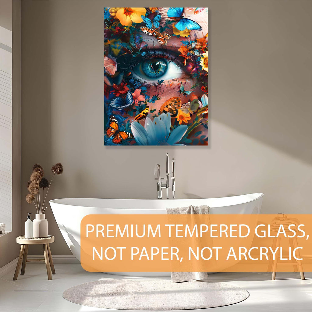 Butterfly Garden Eye Tempered Glass Wall Art | Surreal Botanical Decor