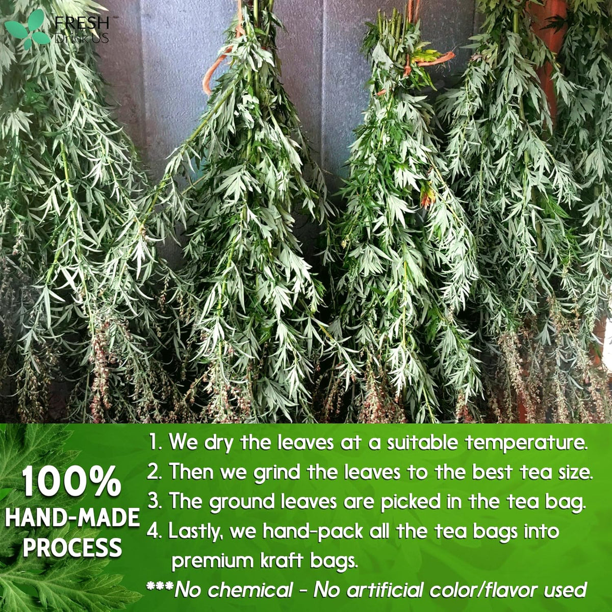 Mugwort Leaf Tea Bags, 100% Natural and Pure Mugwort Leaves, Loose Leaf Mugwort Herbal Tea, Mugwort Leaf Tea, No Sugar, No Caffeine, No Gluten, Vegan.