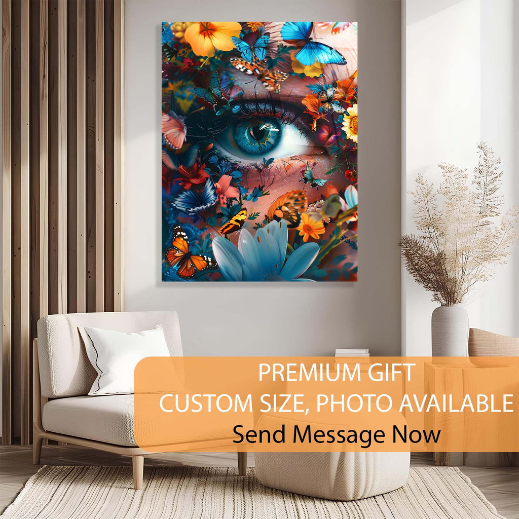 Butterfly Garden Eye Tempered Glass Wall Art | Surreal Botanical Decor