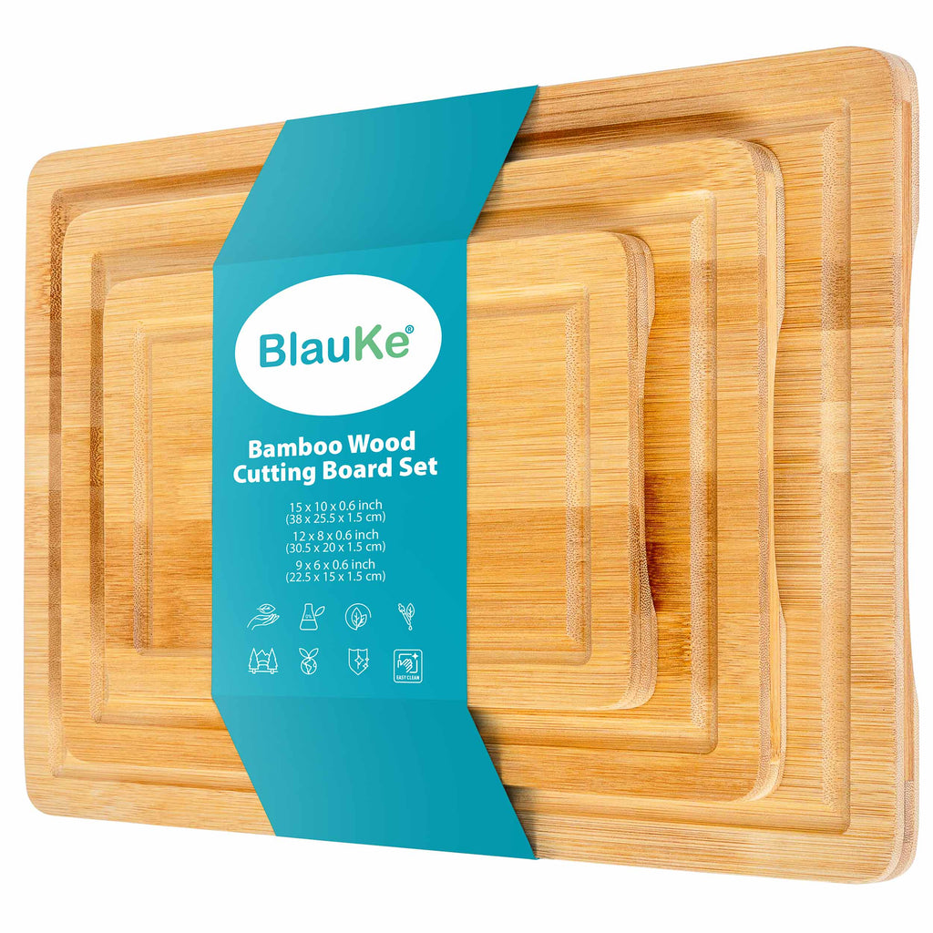 Wooden Cutting Boards for Kitchen with Juice Groove and Handles - Bamboo Chopping Boards Set of 3 - Wood Serving Trays