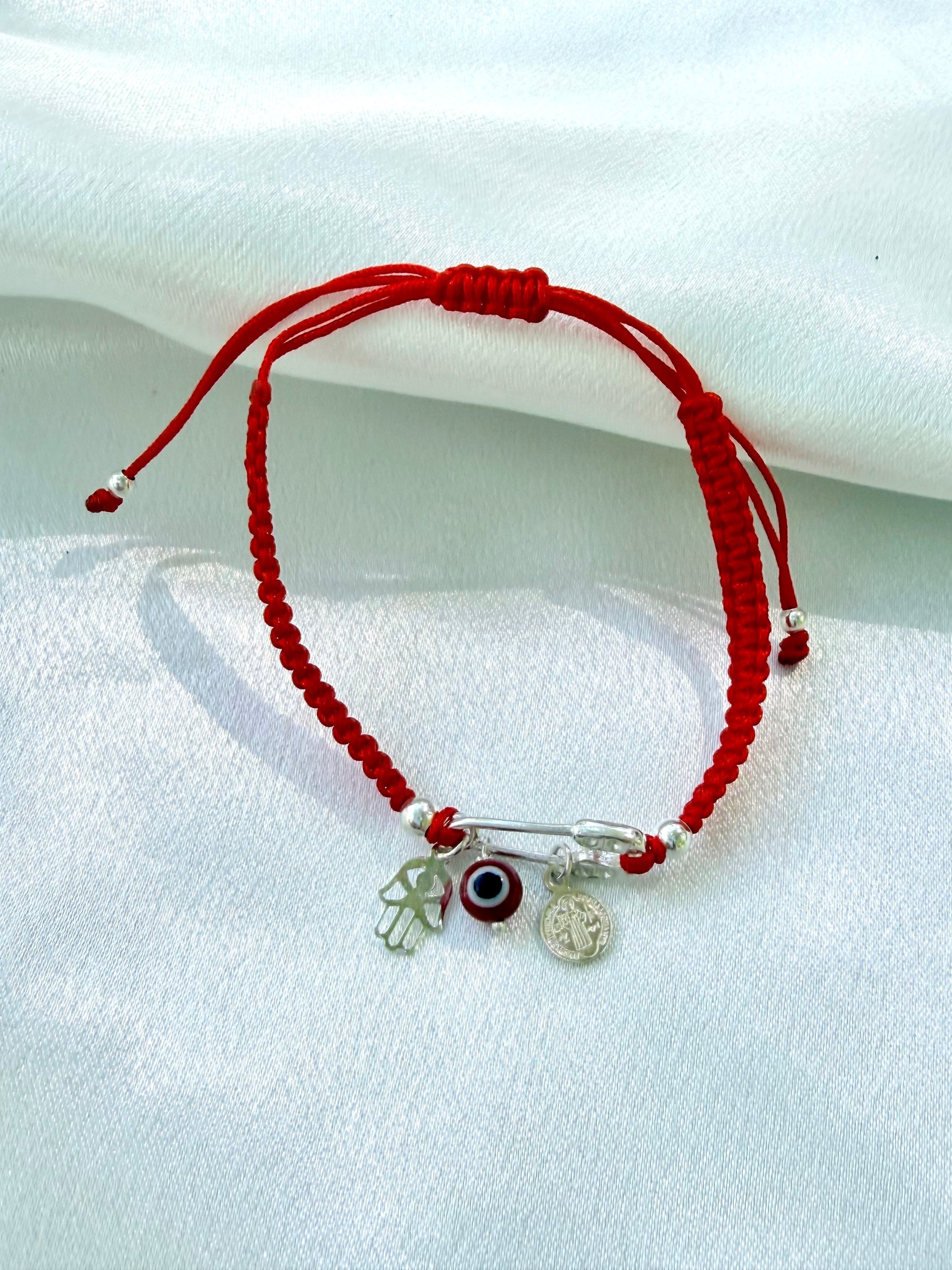 925 Sterling Silver Red Protection Bracelet | Saint Benedict, Evil Eye & Hamsa Adjustable