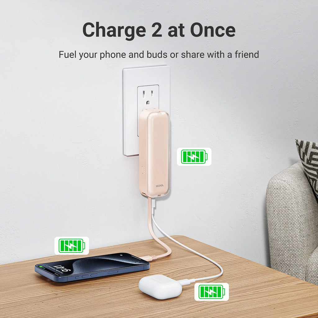 xCool CablePlug™ 3-in-1 Power Bank with Built-In Cable and Wall Plug, 5,000mAh