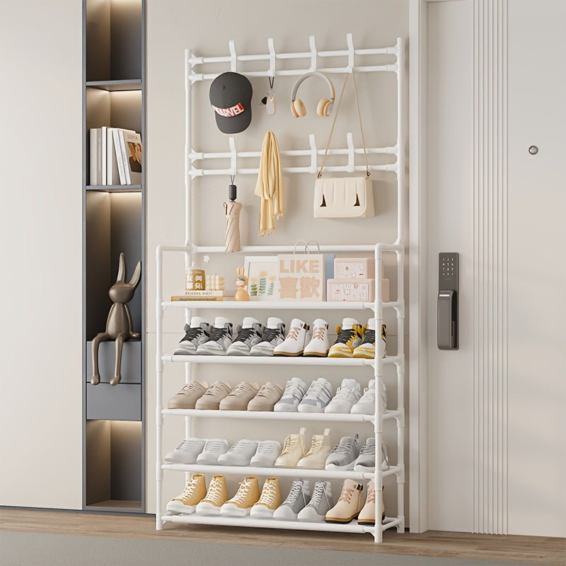 2 in 1 Shoe Rack with Coat Hooks Entryway Organizer 5 Tier Storage Shelf