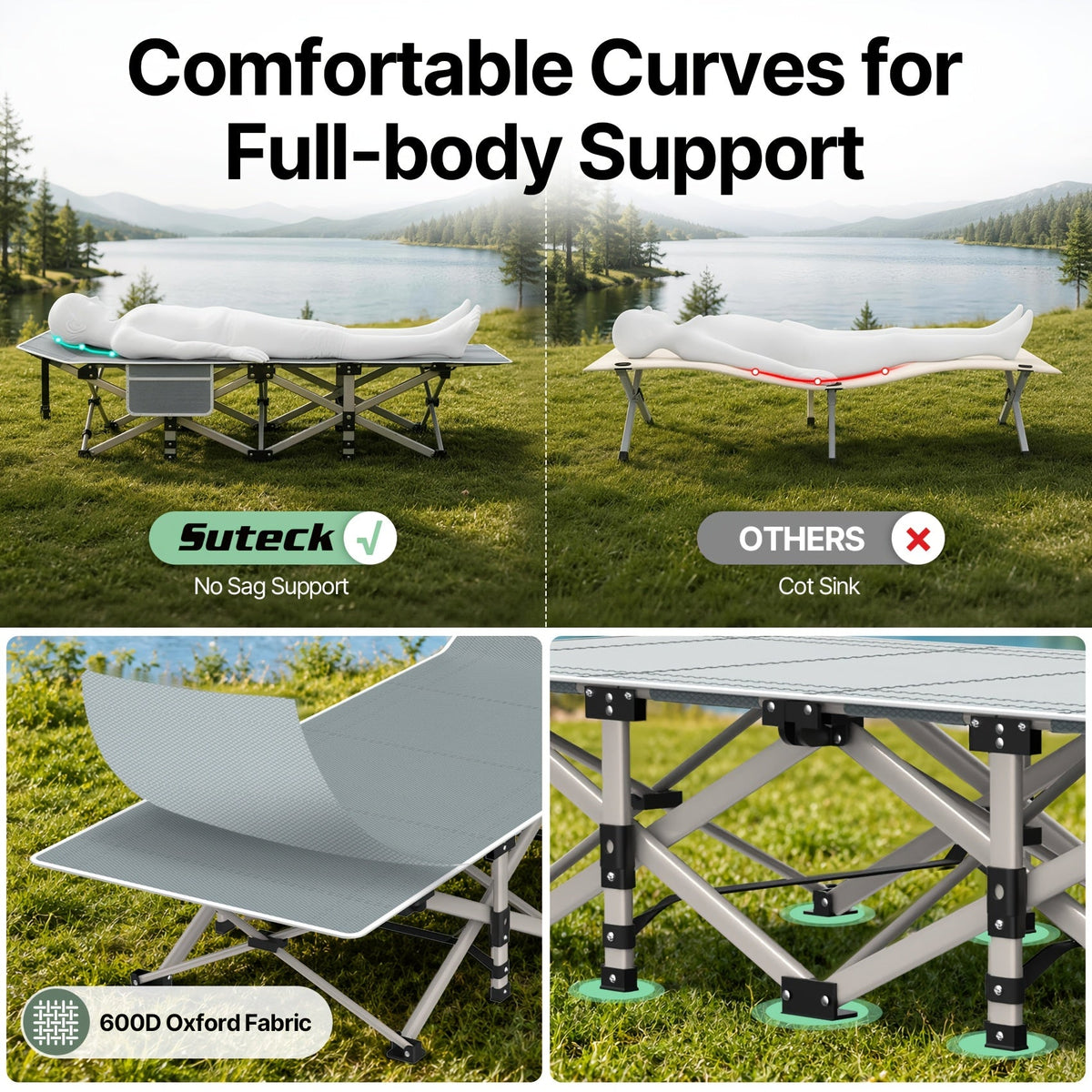 Folding Camping Cot Bed Adult Portable Heavy Duty Oxford Sleeping Cot w/ Pad Bag
