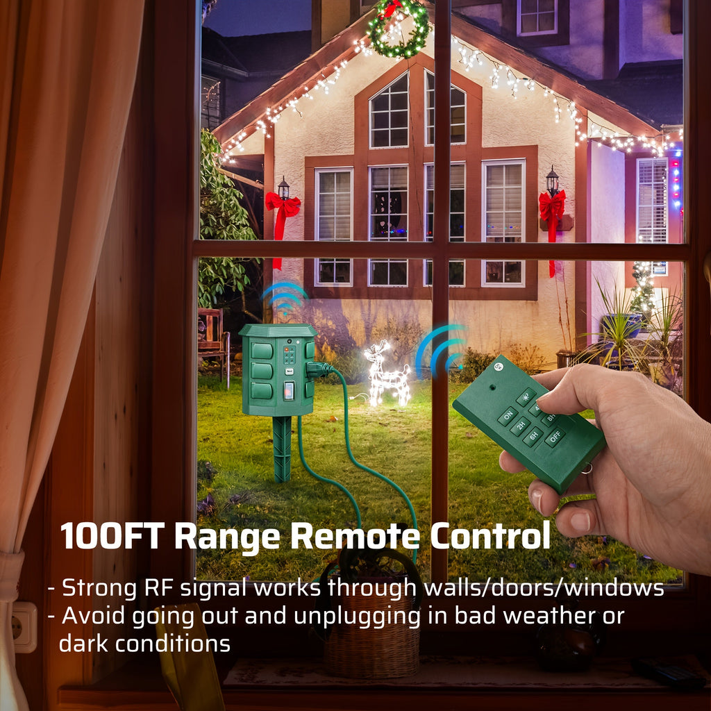 Outdoor Power Stake Timer w/ Remote, 6FT Cord, 6 Outlets, Dusk to Dawn Light Timer
