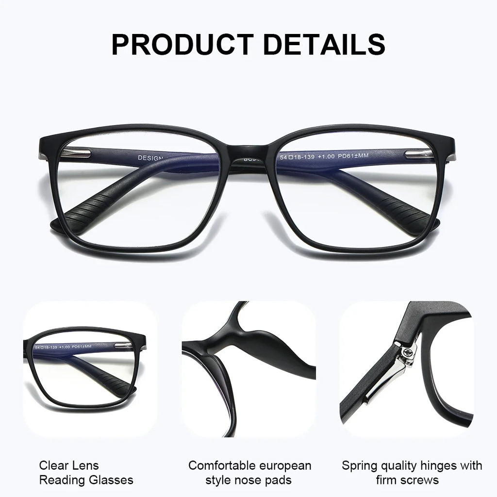 BARCUR Trendy Fashionable Square Reading Glasses Anti-Fatigue Lightweight PC Frame with AC Lens - Fashionable Multiple Degree Glasses for Summer and Men and Women