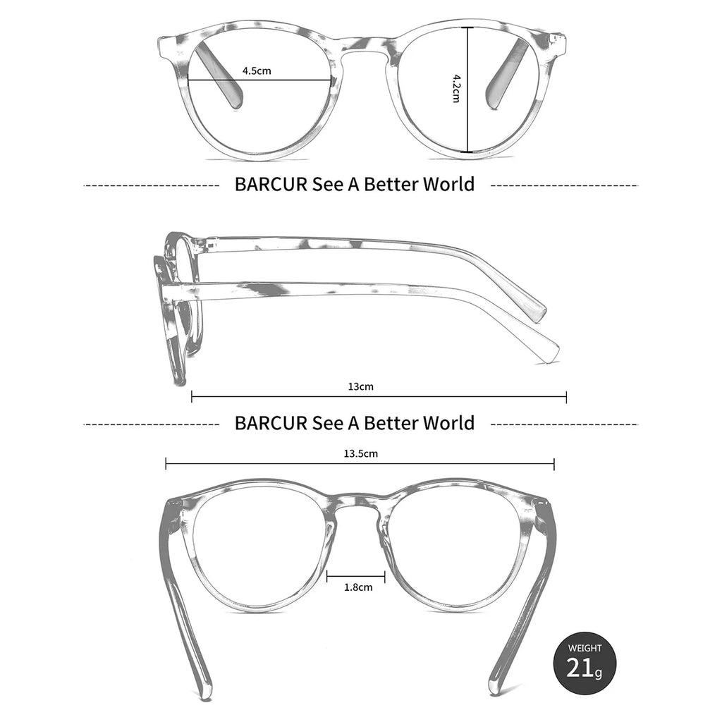 BARCUR Simple Men’s Presbyopia Glasses Comfortable Lightweight Leopard Pattern PC Anti-Slip Round Frame Transparent Acrylic Lenses for Women’s Reading Glasses