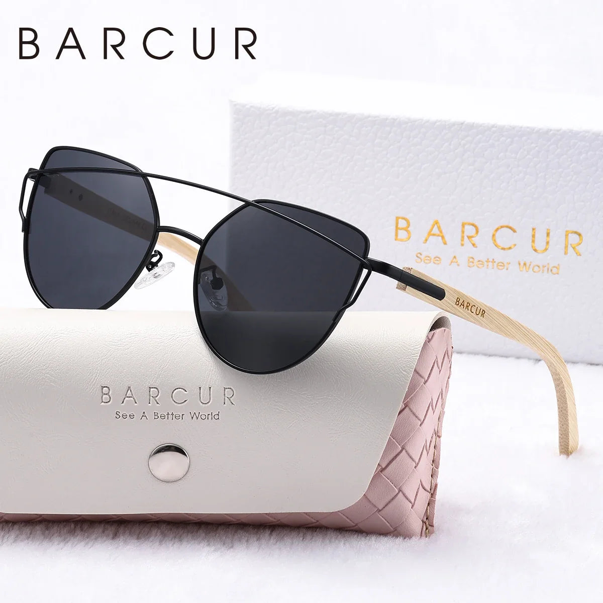 BARCUR Luxury High-Quality UV400 Women’s Polarized Sunglasses Cat Eye Bamboo Foot Frame Mirrored Lenses Presented in a White Gift Box for Summer