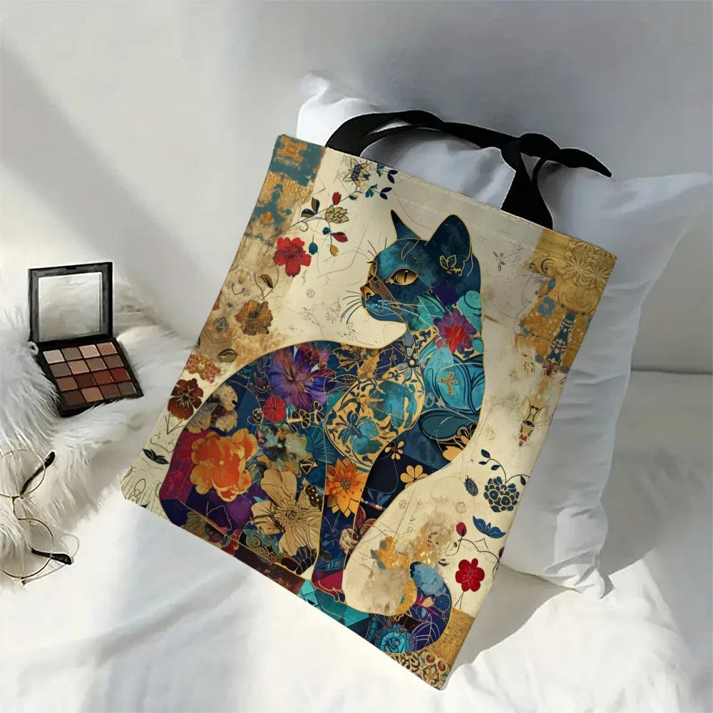 Eco-Friendly Canvas Tote Bag – Floral Cat Design & Lightweight