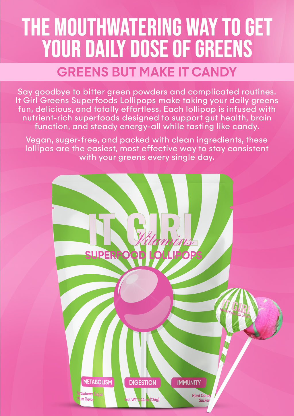 It Girl Superfood Greens Lollipops - Vegan Candy with Supergreens, Vitamins & Antioxidants