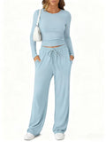 Amazon 2025 New European And American Style Slimming Waist-Cinching Fashionable Casual Suit Sports Yoga Spring And Summer Round Neck Long-Sleeved Women's Clothing