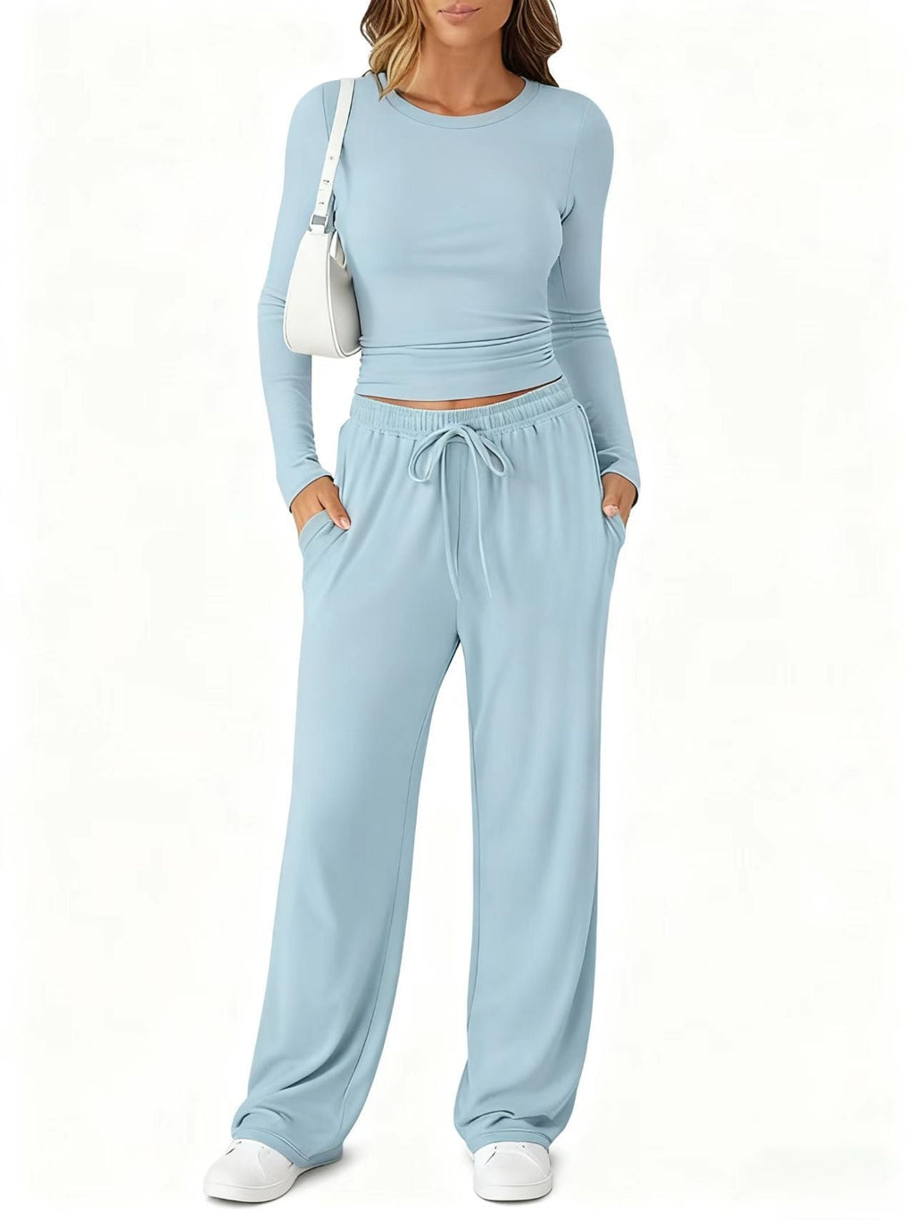 Amazon New European And American Style Slimming Waist-Cinching Fashionable Casual Suit Sports Yoga Spring And Summer Round Neck Long-Sleeved Women's Clothing