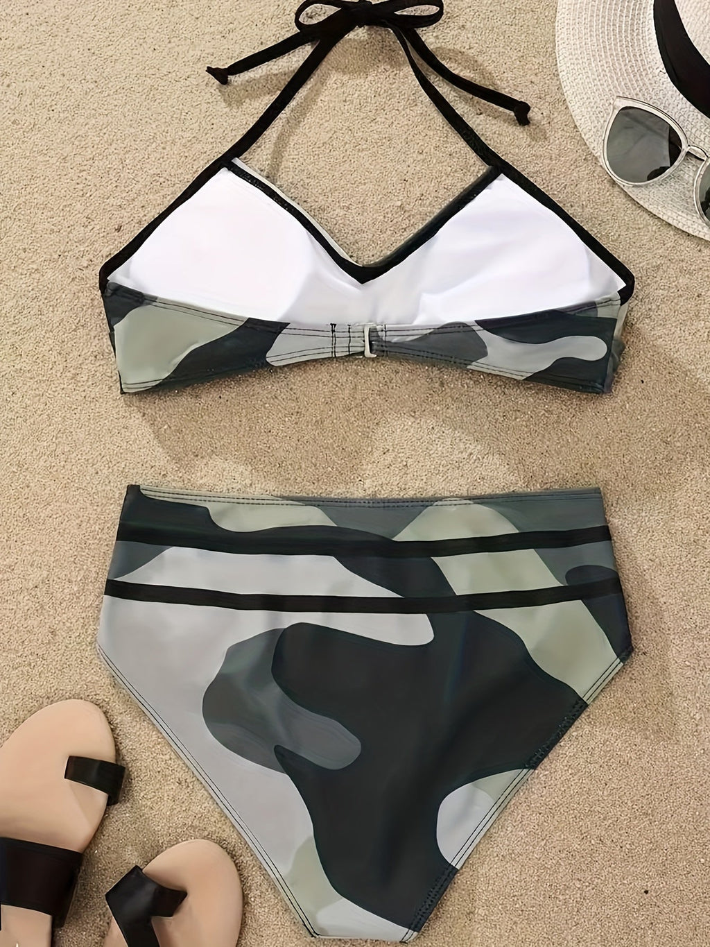 Bikini Camo Print 2 Piece High Cut Halter Swimsuit for Women – Vibrant V Neck Backless Bikini Set with Ruched Detail – Comfortable Stretchy Swimwear for Beach Pool and Summer Vacation