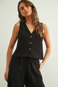 Crinkled Fabric Sleeveless Button Front Top | Black