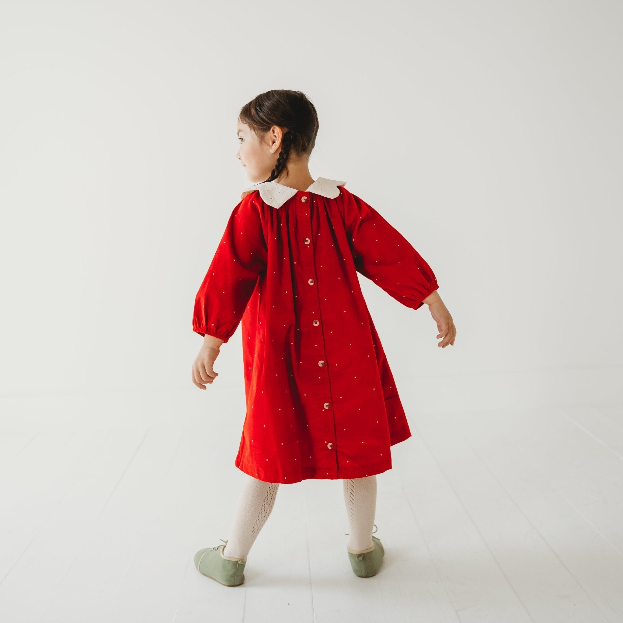 LARILI Christmas Carol Red Corduroy Dress with Scalloped Embroidery