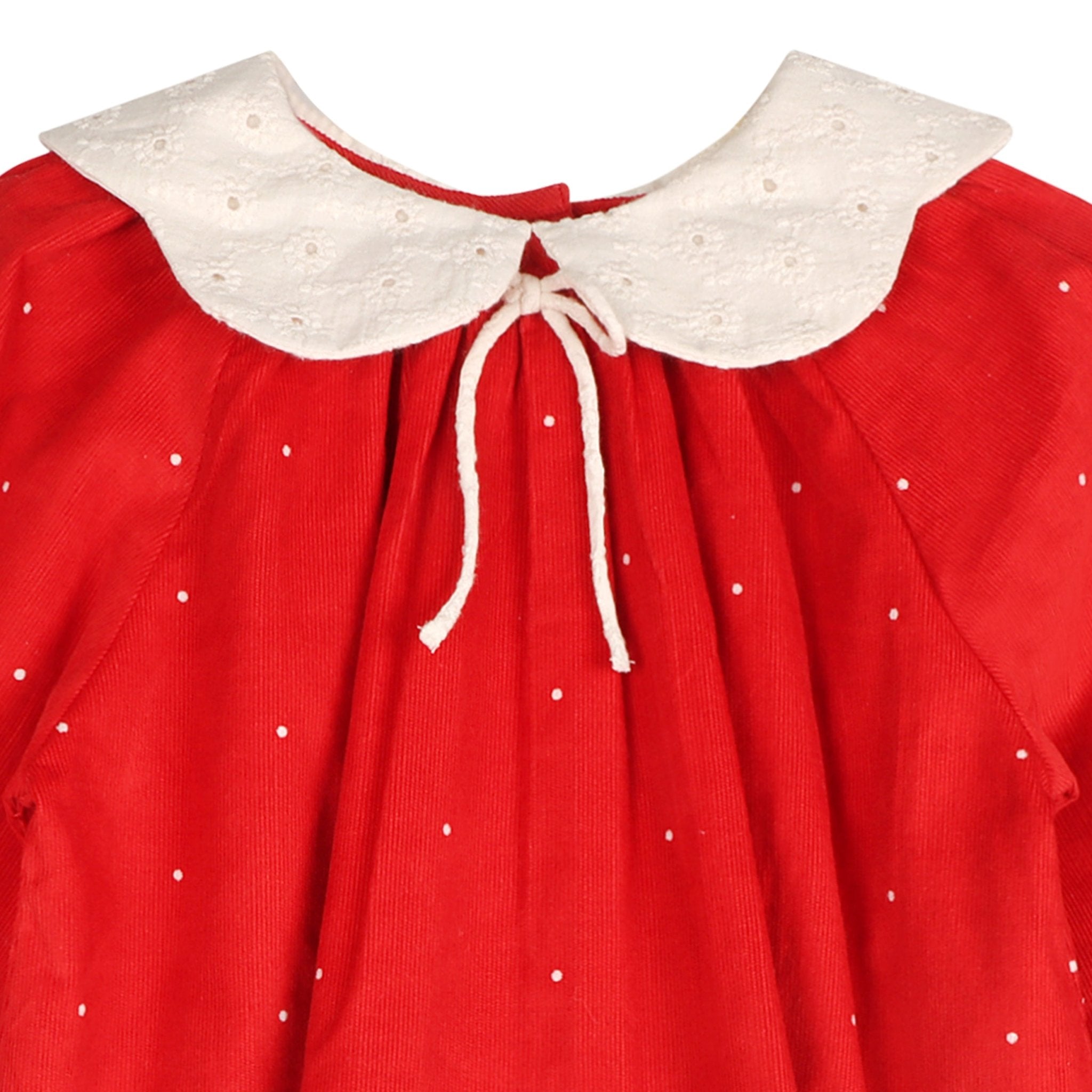 LARILI Christmas Carol Red Corduroy Dress with Scalloped Embroidery