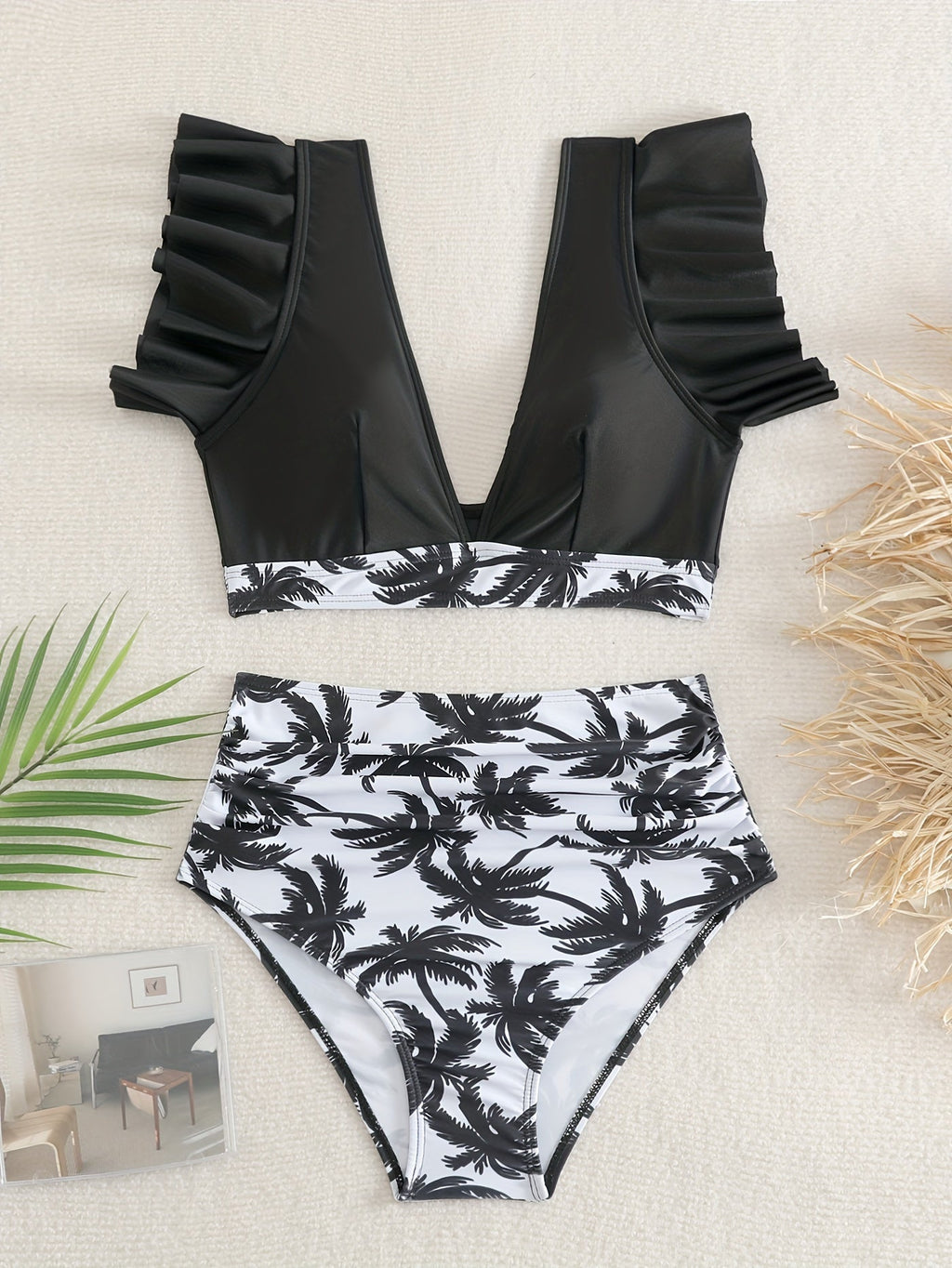 Bikini Black Solid Color Ruffle V Neck 2 Piece Swimsuit for Women – High Waisted Flattering Bikini Set with Lettuce Trim Bottoms – Sleek Stretchy Fabric Swimwear for Beach Days Poolside Style and Summer Vacation Looks
