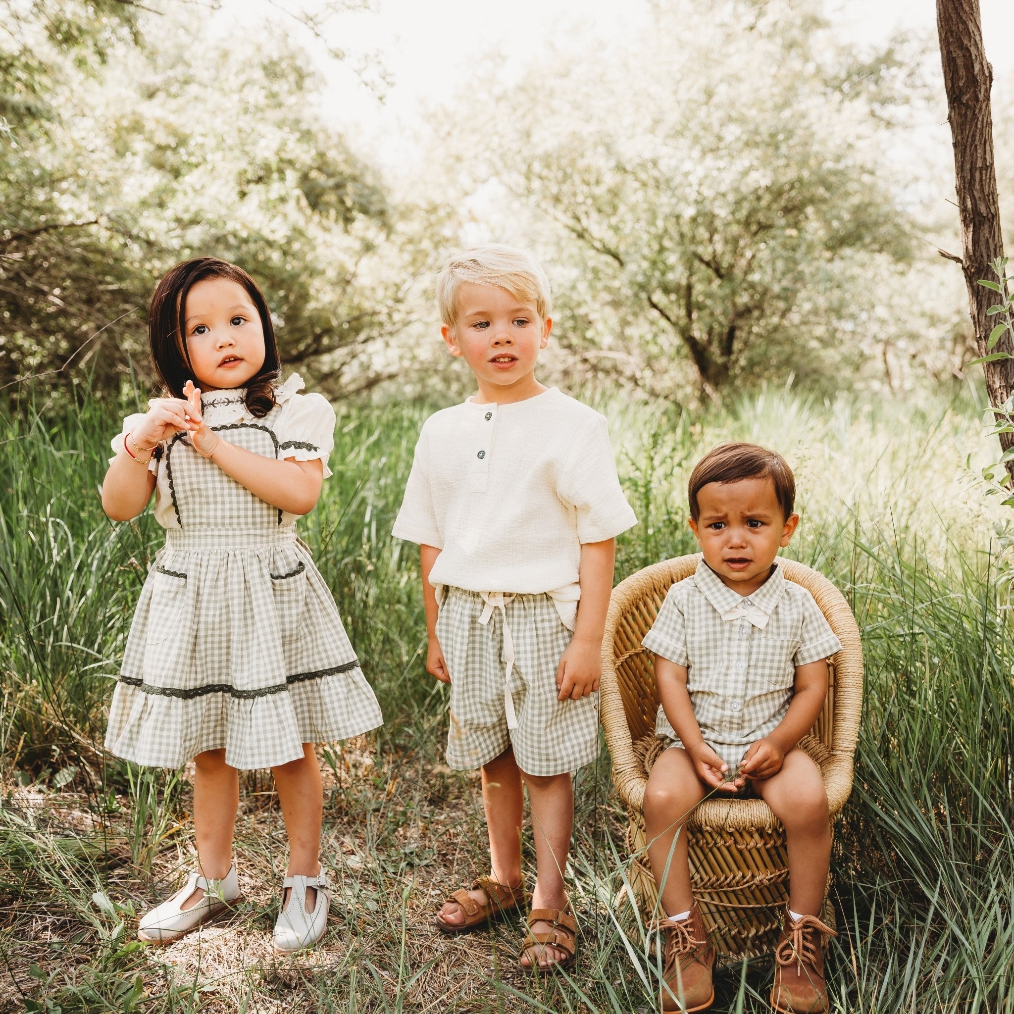 Green Gingham Pinafore Set | Girls' Embroidered Blouse & Dress