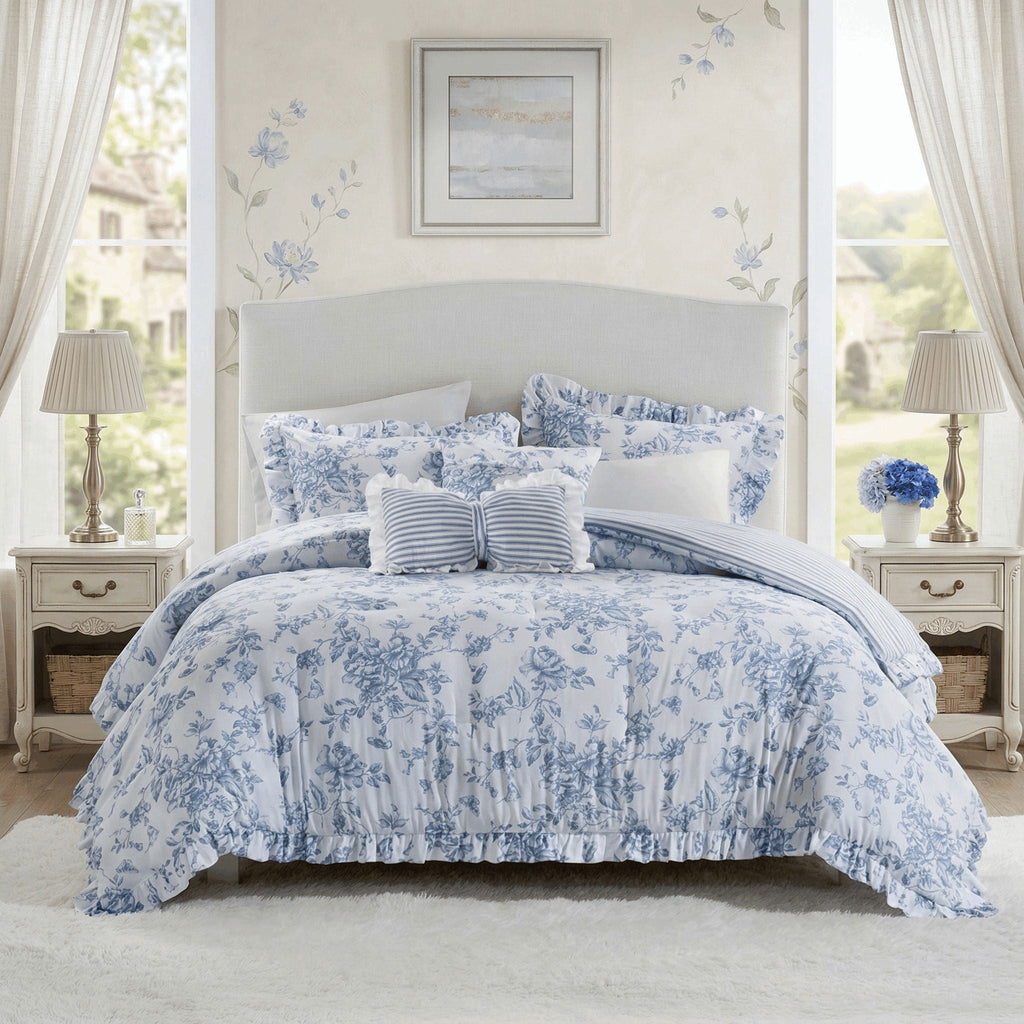Romantic Blue Floral Reversible Comforter Set with Ruffled Pillows