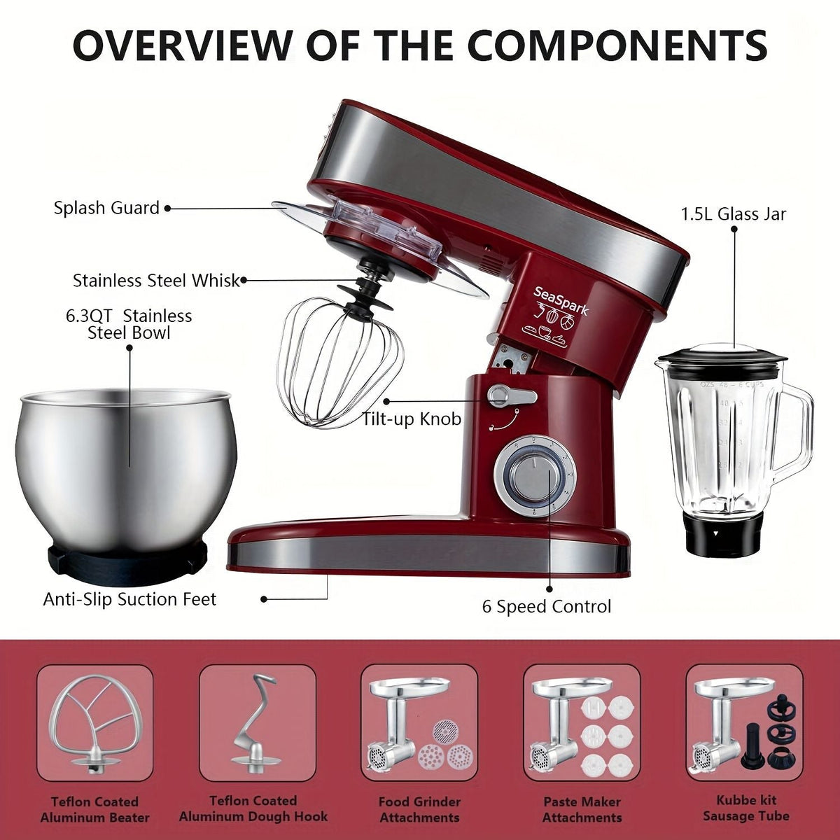 6-in-1 Electric Stand Mixer with 6.3-Quart Stainless Steel Bowl